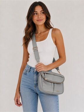 Pretty Simple Tilly Crossbody Bag Trendy Snap Closure Washed Nylon Gray